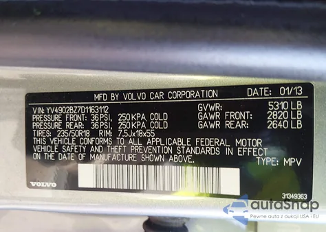 2013 Volvo Xc70 T6 from USA, damaged, VIN YV4902BZ7D1163112